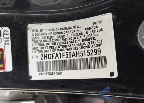 2010 Honda Civic Lx z USA, uszkodzony, nr VIN 2HGFA1F59AH515299